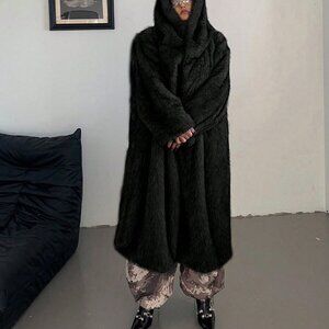 Black Preppy Women's Plus Size Long Sleeve Hooded Fluffy Coat